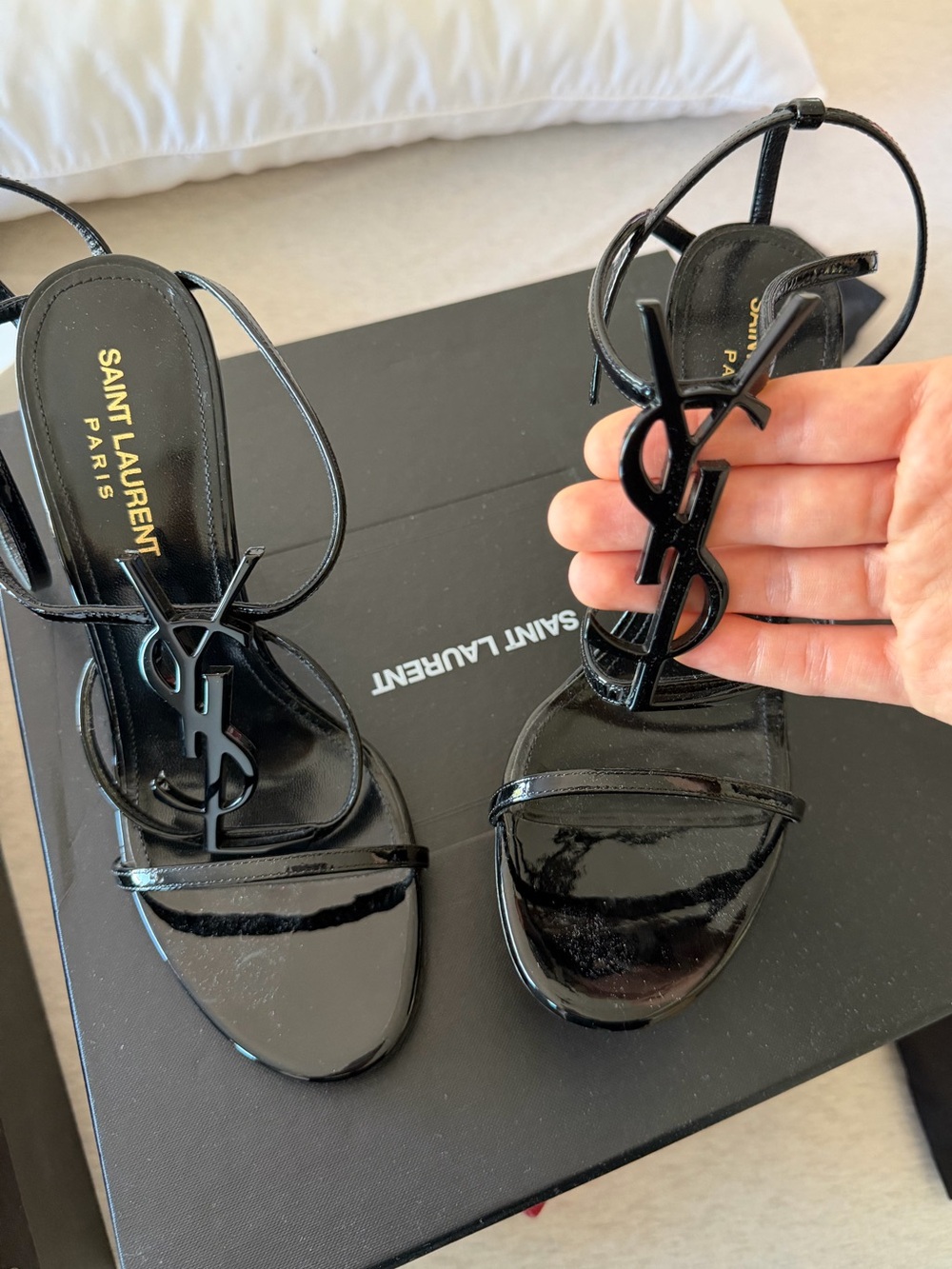 Yves Saint Laurent Black Patent YSL Logo Strappy Heels